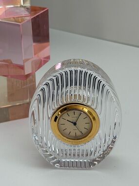 Vintage Sasaki Clear Crystal Quartz Desk Clock with Gold Accents
